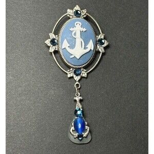 Vintage Wedgewood Style Anchor Cameo | Nautical Brooch/Pendant Pin w. Sea Glass